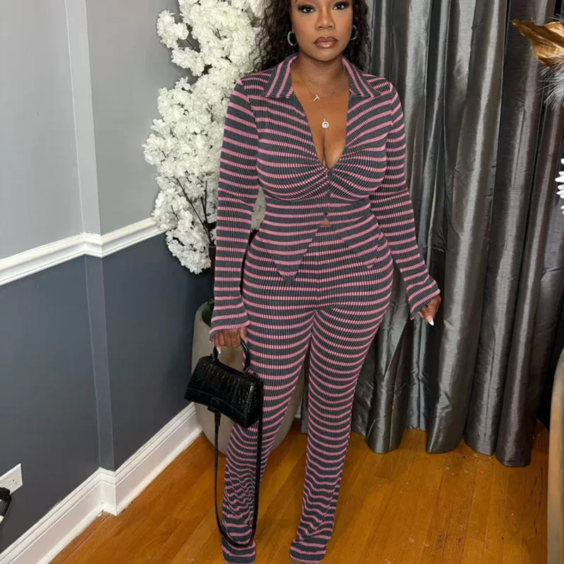 Doyerl Knitted Striped Two Piece Set Woman Autumn Winter Long Sleeve Single-breasted Knit Top and Pants New in Matching Sets