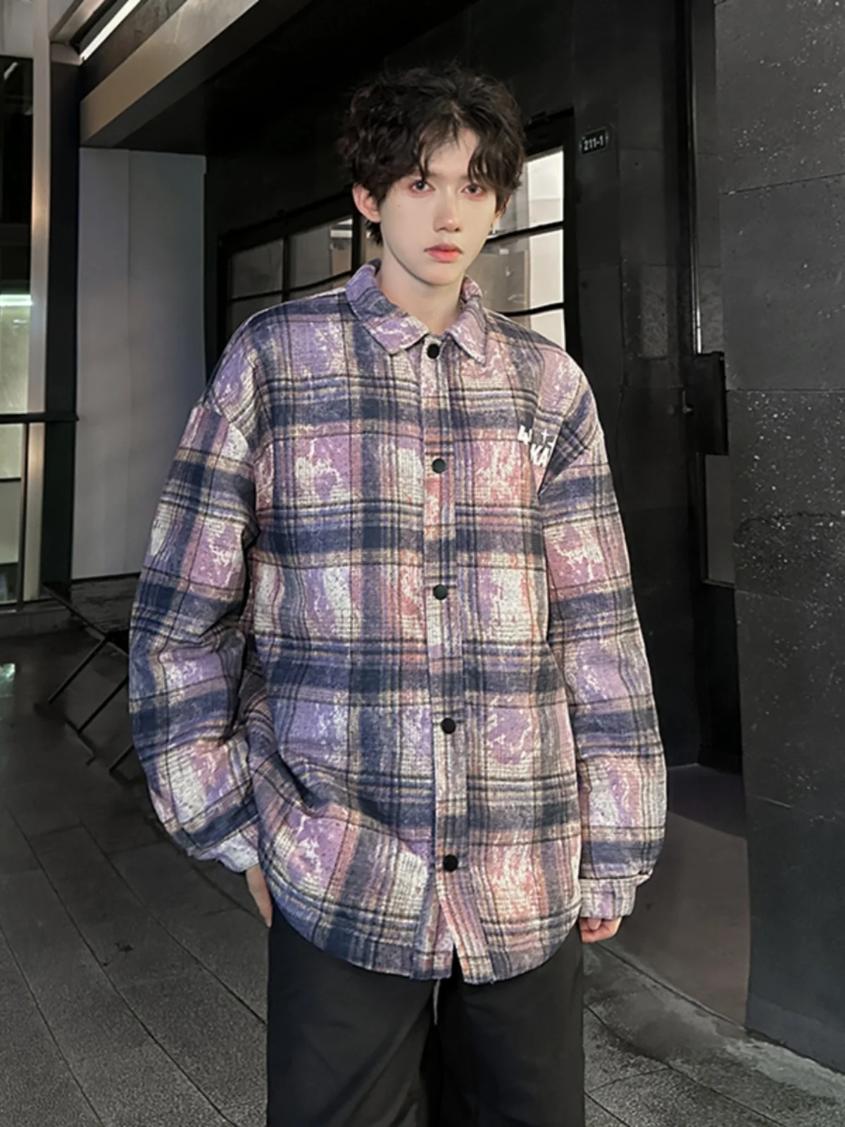 

Thiened Cotton Plaid irt Мужские Long Sve Осень Зима Oversize Пара irt Dyeing Proc Молодежный тренд Полиэфирное волокно