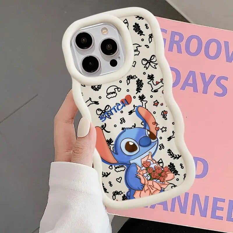 Disney Christmas Stitch Angel Rose Macaron Waves Phone Case for iPhone 16 15 14 13 12 11 pro Max XS XR X 7 8 plus Silicone Cover