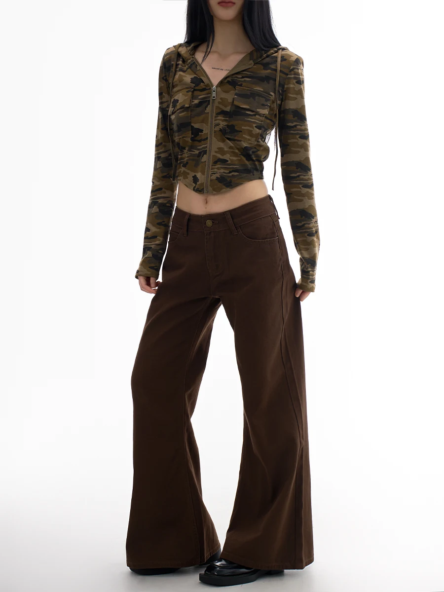 

Кофейный цвет Fce Lined Thiened с низкой талией Bell Bot Jeans Женские осенне-зимние новые свободные узкие широкие брюки