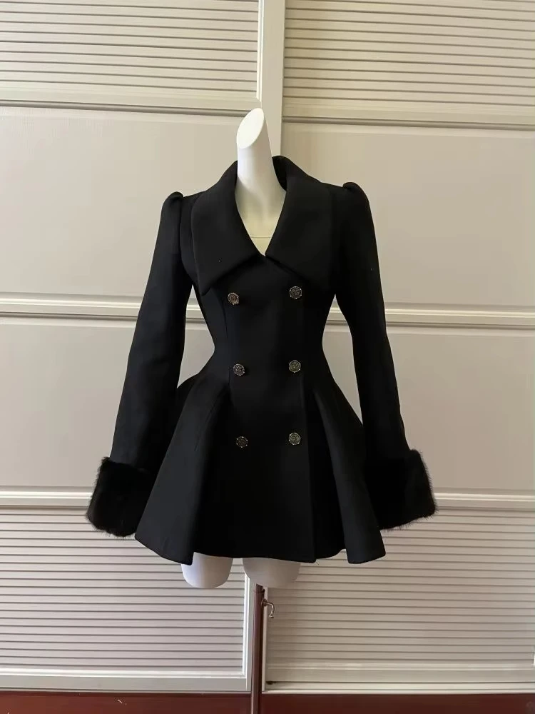 Winter Hepburn Black Fur Collar Coat French Style Vintage Blends Slim Mid-length Outwear Elegant Lolita Warm Outfits