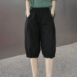 Women Shorts Summer Trousers Streetwear Women's Knee-length Shorts with Elastic Waist Loose Fit Solid Color Pants for Summer