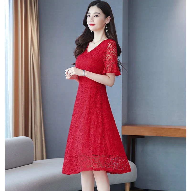 Elegant V-Neck Spliced Solid Color Flare Sleeve Prom Dress Women's Clothing 2024 Summer New Loose Office Lady Lace Dresses