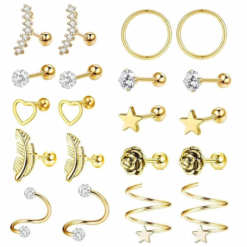 Fashion Crystal Zircon Cartilage Piercing Earrings Set Women Stainless Steel Spiral Tragus Stud Earring Body Jewelry