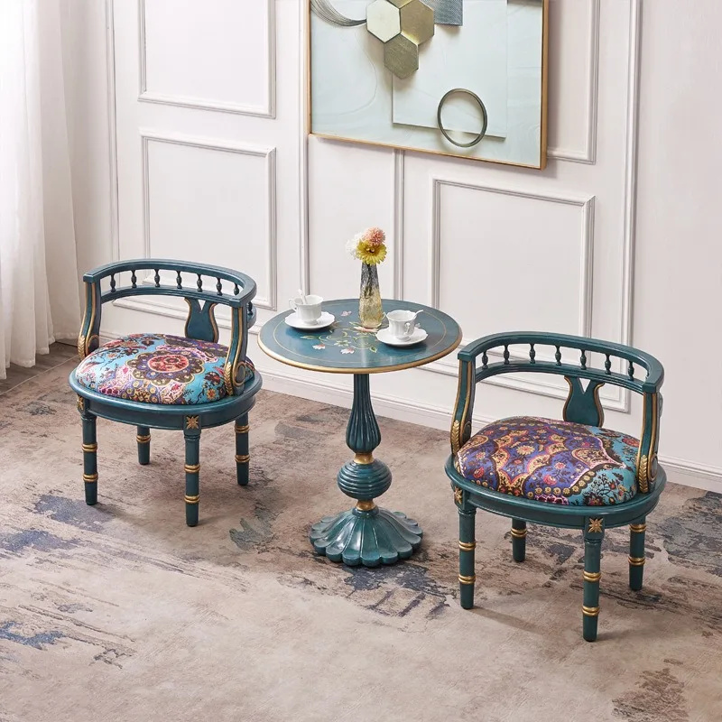Supreme Beauty Balcony One Table Two Chairs Combination Three-piece Set French Retro Painted Furniture Sofa Chair Blue Round Tab