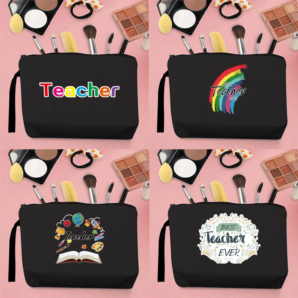 

Hot Selling Woman Makeup Brush Storage Bag Coin Purse Canvas Cartoon Teacher Pattern Printing Portable Key Case Black Handbag