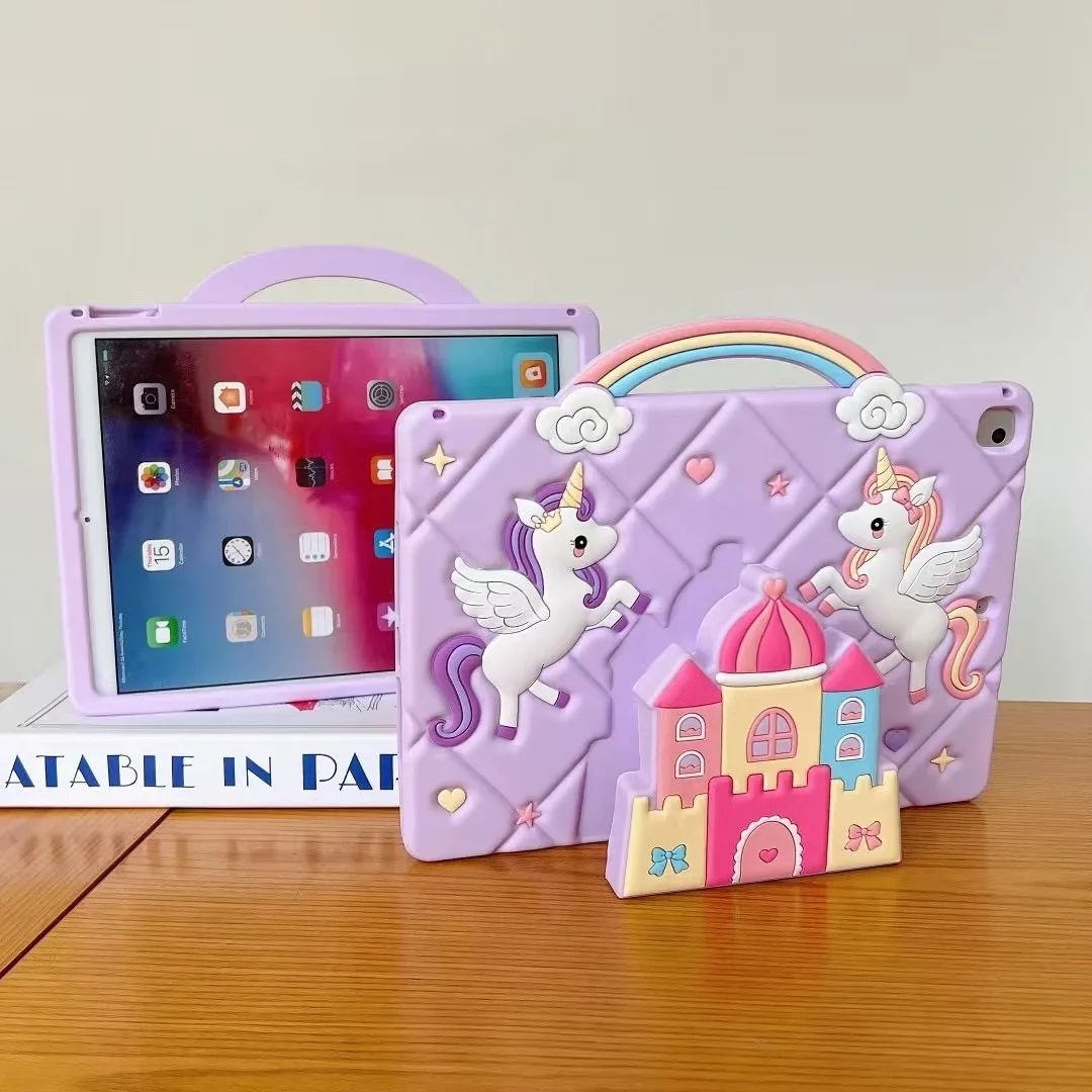 Kids Case for Samsung Galaxy Tab A7 Lite 8.7 T220 A8 10.5 X200 A9 X110  A9+ X210 Castle Unicorn Cover with Telescopic Stand