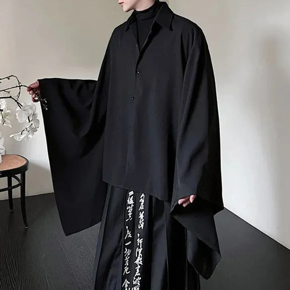 

Мужская японская темная стильная повседневная рубашка нестандартной формы, осенняя однотонная рубашка в стиле ретро без пола, свободная рубашка с длинным рукавом «летучая мышь» унисекс