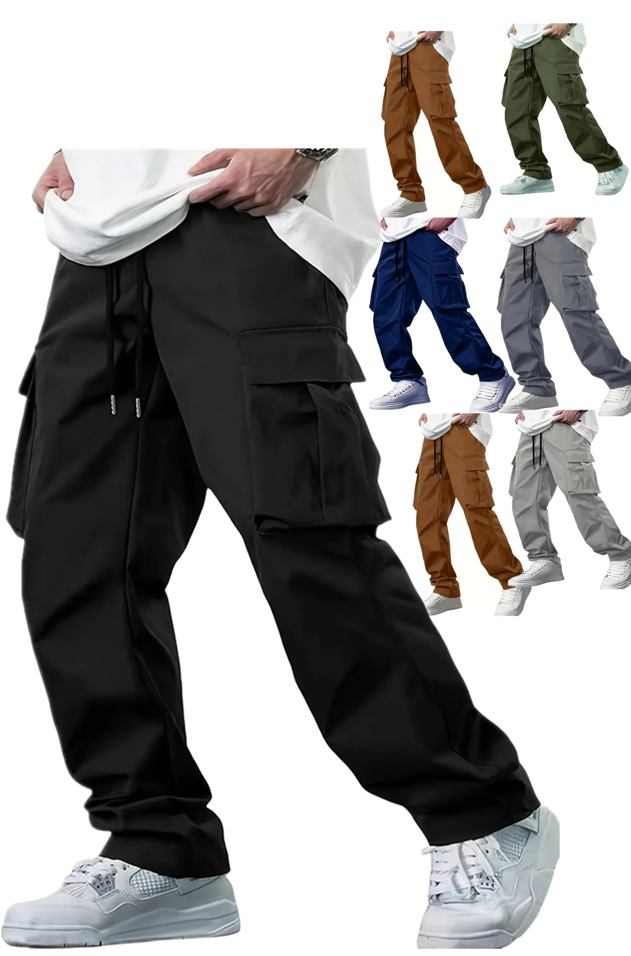 

2026 Summer New Men's Work Pants European American Style Drawstring Multi Pocket Casual Trousers