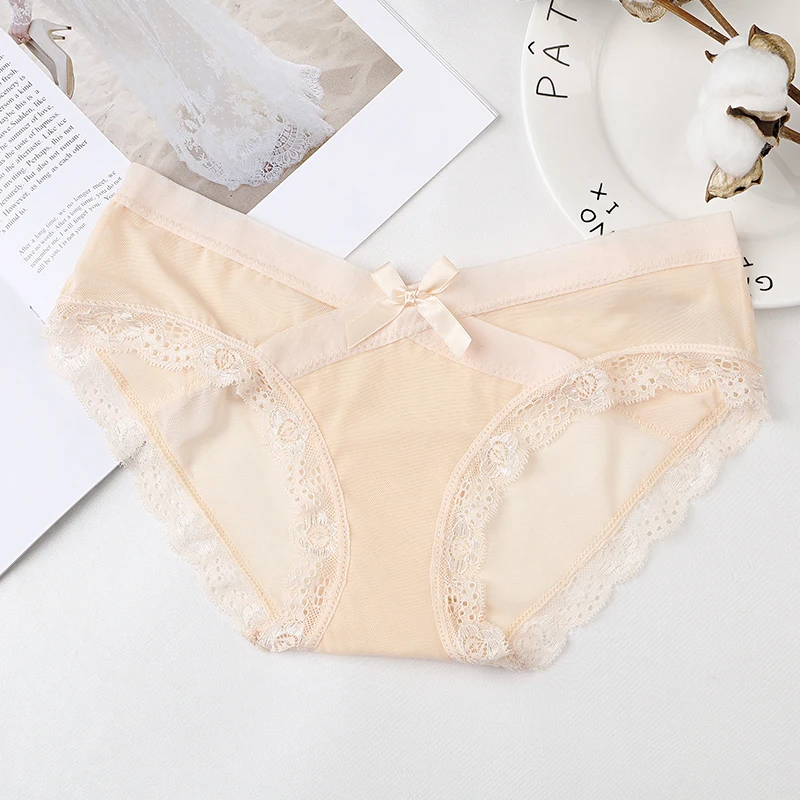 Women Sexy Panties French Hollow Out Mesh Lace Underwear Breathable Transparent Briefs Seamless Solid Panties