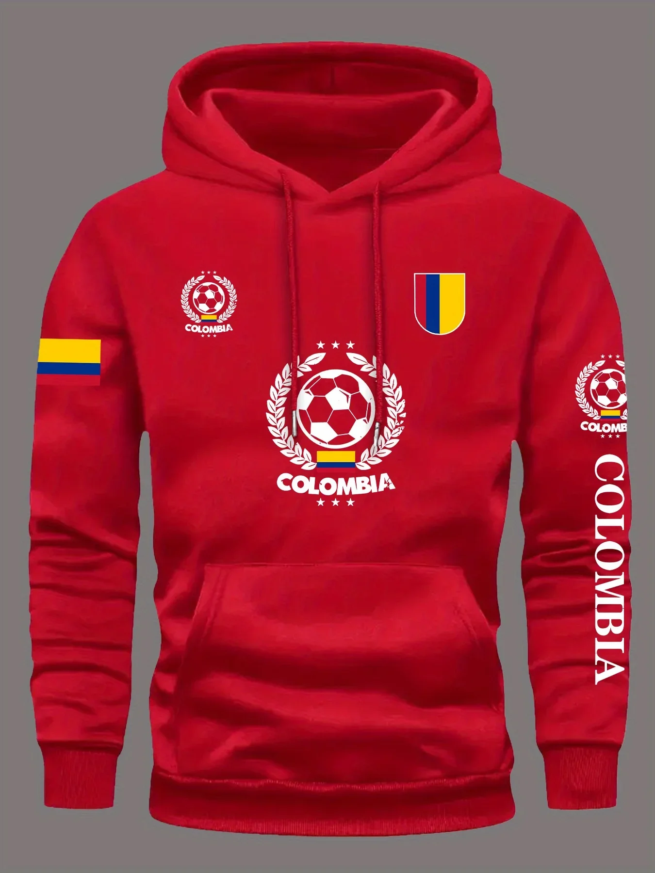 Men's Colombia National Team Graphic Hoodie - Vibrant Red Soccer Pullover with Emblem Loose Fit Casual Sweatshirt Machine