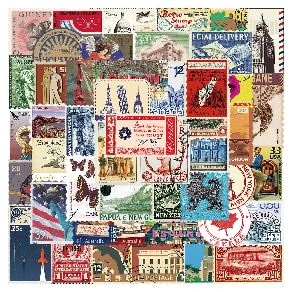

50Pcs Retro Travel Stamp Sticker Pack Retro Postmark Series Handheld Diary DIY Material Decoration Sticker