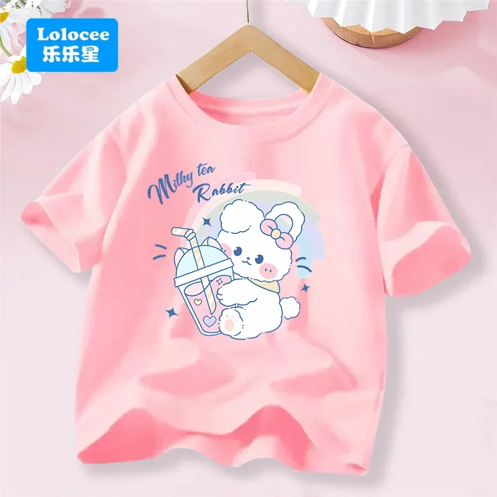 Girls T-shirt with Cute Rainbow Standing Rabbit Print, Short Sleeve Floral T-shirt, Children Short Sleeve Cotton Tops 3-14 Years