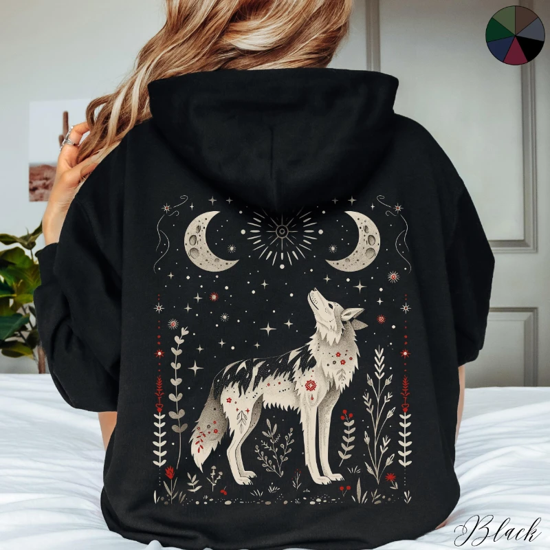 

Scandinavian Wolf Hoodie, Wolf and Moon Hoody, Forest Animal Hoodie, Mystical Hoodie, Boho Wolf Clothes, Woodland Creatures