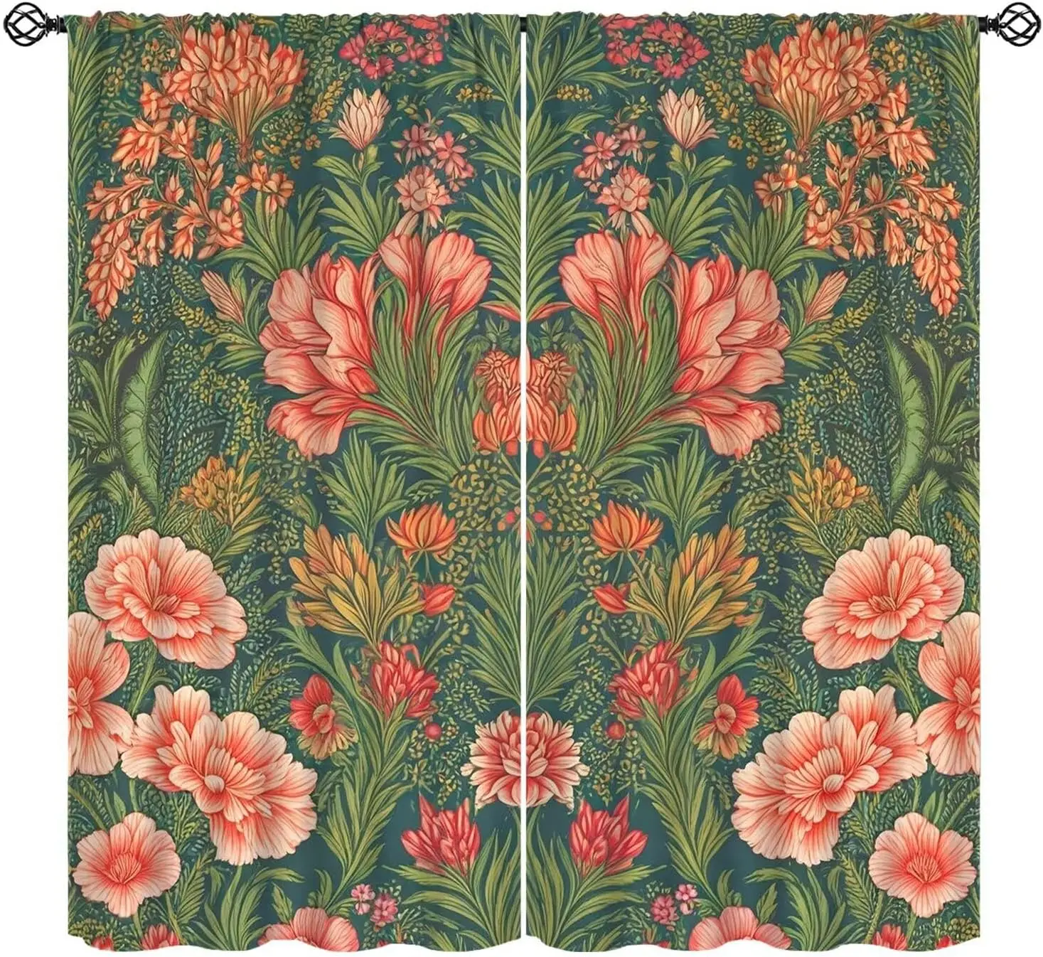 Vintage Orange Floral Curtains, Dark Green Background Peony Lily Leaf Retro Botanical Print Drapes for Farmhouse Bedroom Window