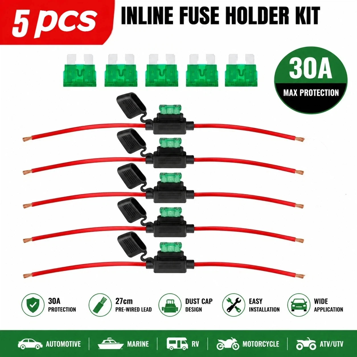5er-Pack 12-Gauge Inline-Sicherungshalter 12V 30A mit Flachsicherungen und 12AWG-Kabel für Auto, Boot, Marine, Motorrad, LKW, Wohnmobil