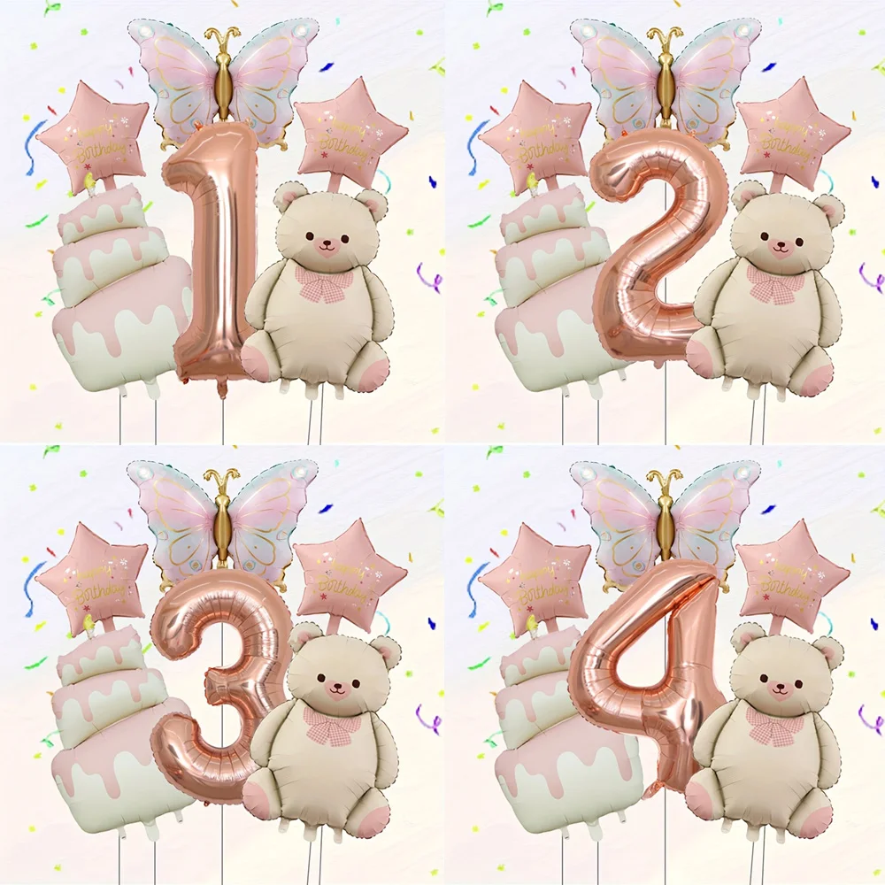 1 Set Rosa Mattierte Bären-Themen-Kuchen-Schmetterlings-Folienballons 40 Zoll Nummer 1-9 Ballon für Geburtstagsfeier-Dekoration Babyparty-Geschenk