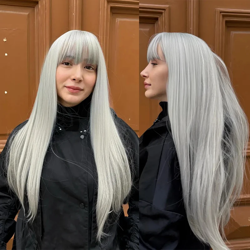 Silver Gray Wig with Bangs Silver Ash Grey Cosplay Wig Drag Queen Wig Long Straight Silver Wigs Synthetic Colorful Cosplay Wigs