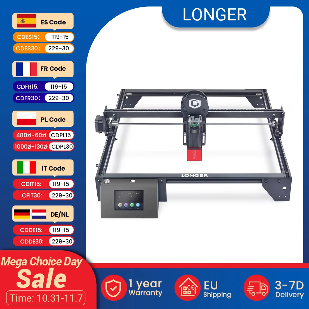 LONGER RAY5 10W Laser Engraver, 0.06x0.06mm Laser Spot, Touch Screen, Offline Carving, 32-Bit Chipset, Working Area 400x400mm