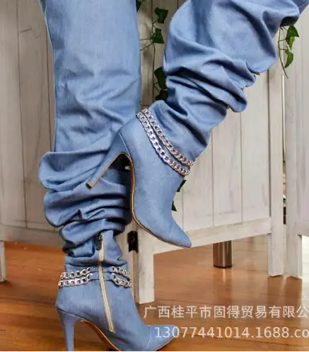 Light Blue Jeans Denim Double Sliver Metal Chain Pointed Toe Thin Heels Over The Knee Boots Women Hidden Zipper Run Way Boots