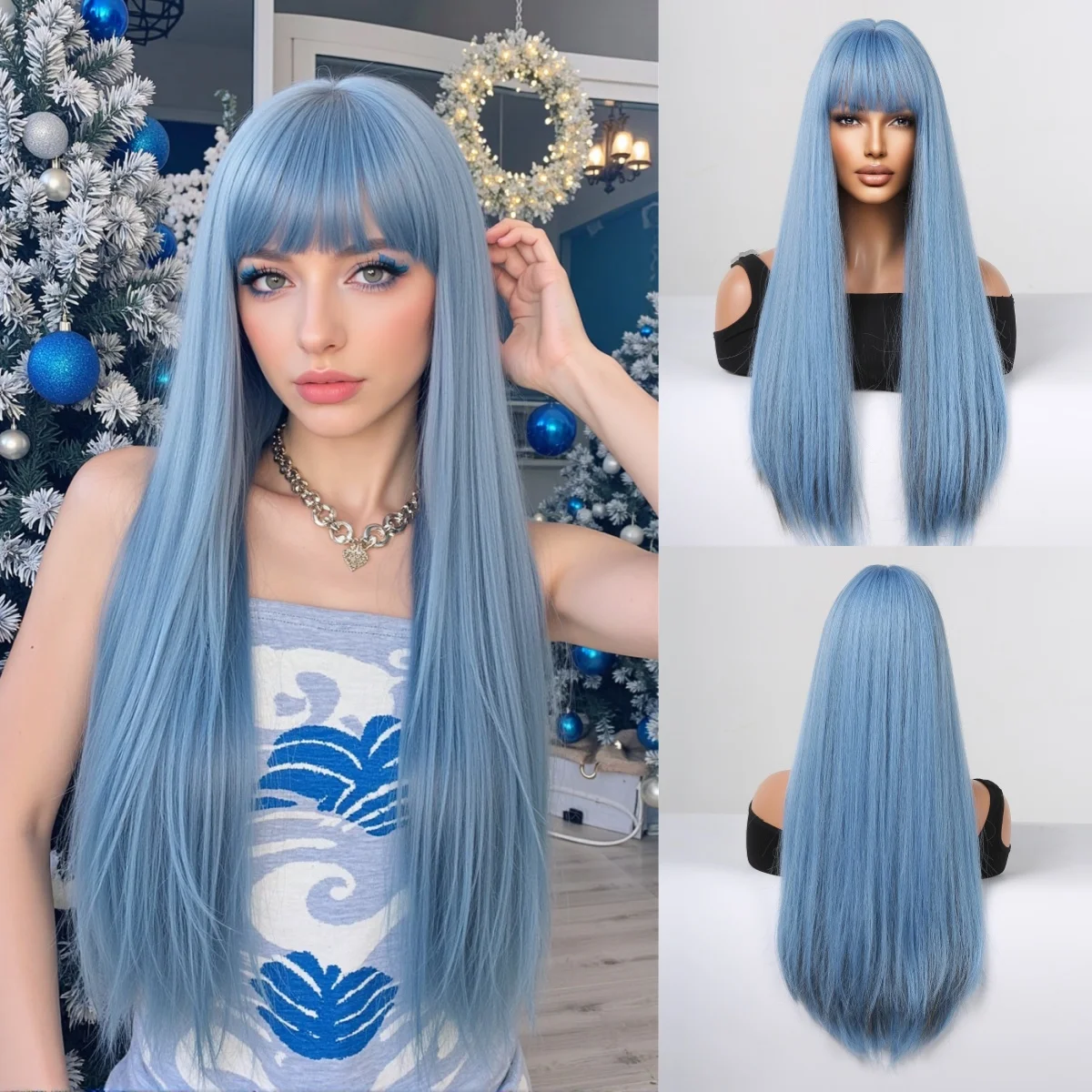 

ALAN EATON Blue Straight Synthetic Wigs with Bangs Long Wig for Women Christmas Party Daily Use Naturally Hairline Heat Resistan