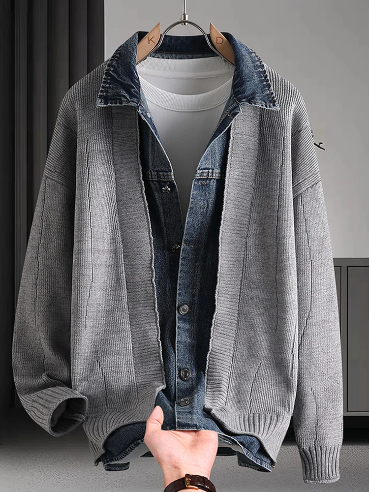 

Высококачественный мужской вязаный кардиган с джинсовым воротником, повседневный, свободного кроя, модный, для ранней осени, с трендовым принтом, стандартный размер