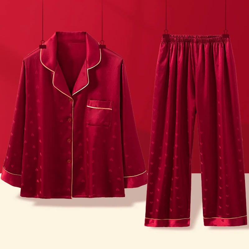 Conjunto de pijama de seda con estampado de amor para mujer, Top y pantalones, conjuntos de Salón Rojo de la suerte chino, ropa para el hogar,