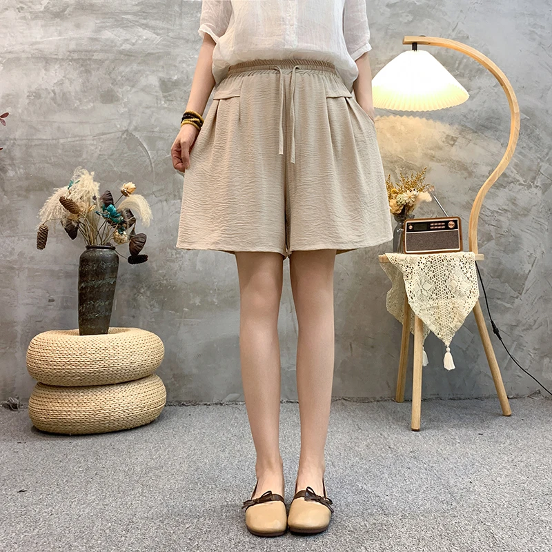 شورت نسائي من الحرير الجليدي بخصر مرتفع ، خصر مرن ، ساق واسعة ، صيف ، ثنى ، كاجوال ، فضفاض ، ناعم ، مقاس كبير