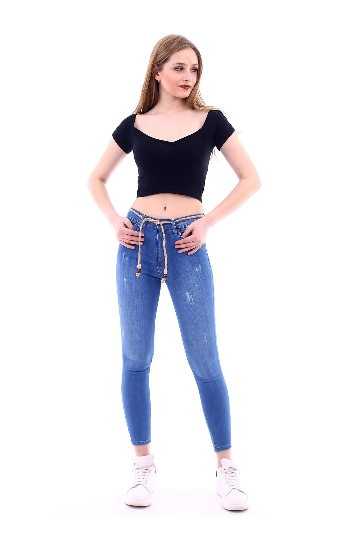 Womens Slim Fit Straw Lace-Up Blue Jeans 2021 New Season Clothing High Waist Skinny Leg Jeans Four Pockets Full Length Flexible