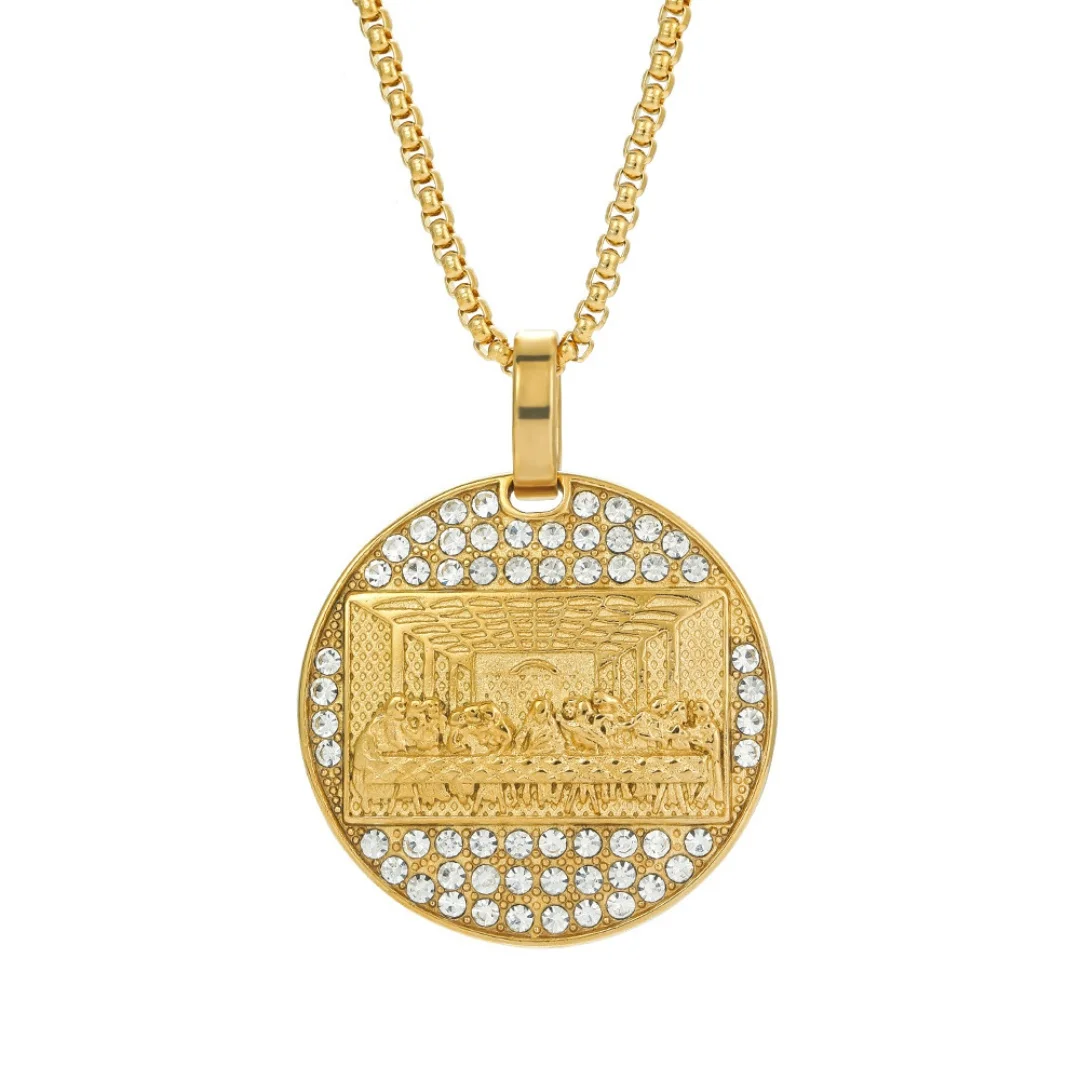

Hip Hop Iced Out Bling The Last Supper Pendant Gold Silver Color Stainless Steel Zircon Big Round Necklace for Woman Man Jewelry