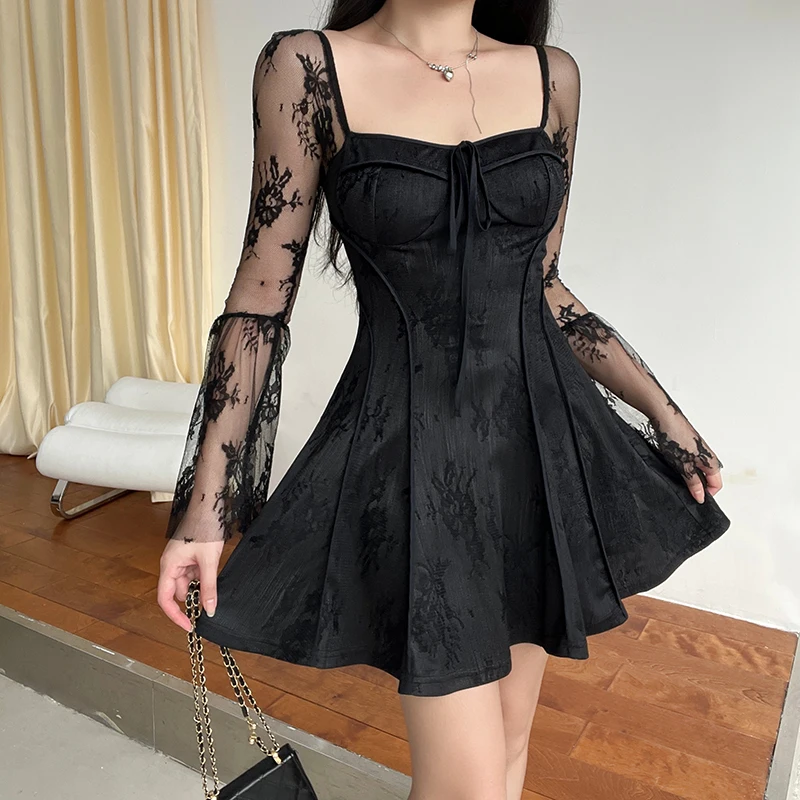 Women Sexy Flare Long Sleeve Mini Dress Elegant Square Neck Lace Up Pleated A-line Dresses  Party Club JY23518PF