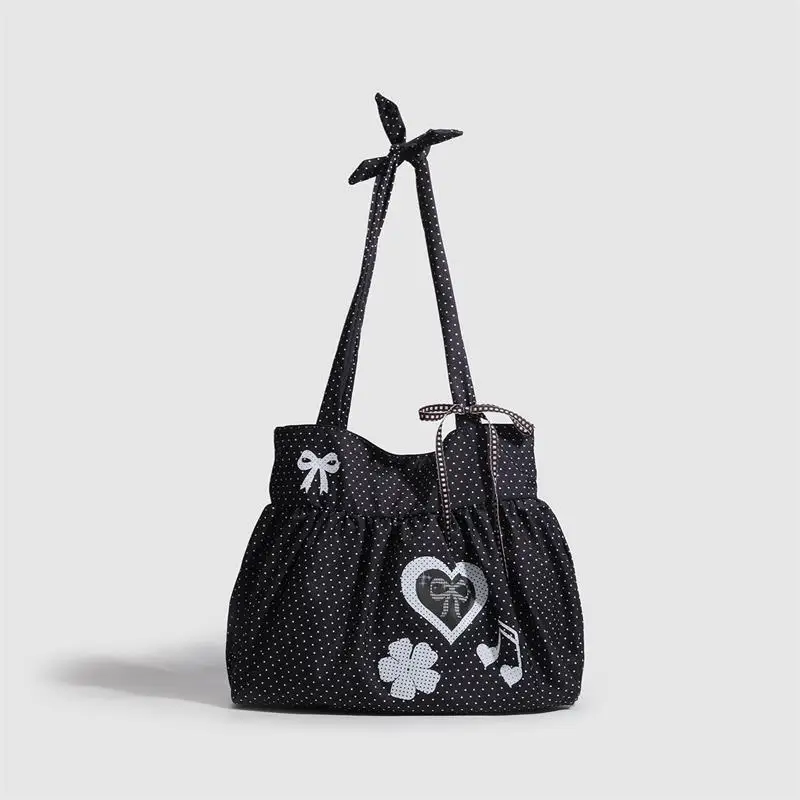 Koreanische Polka Dot Umhängetasche Damen Nylon Einkaufstasche Niedliche Schleife Love Note Bedruckte Einkaufstasche Rock Design Magnetschnalle Achseltasche – Detail 5