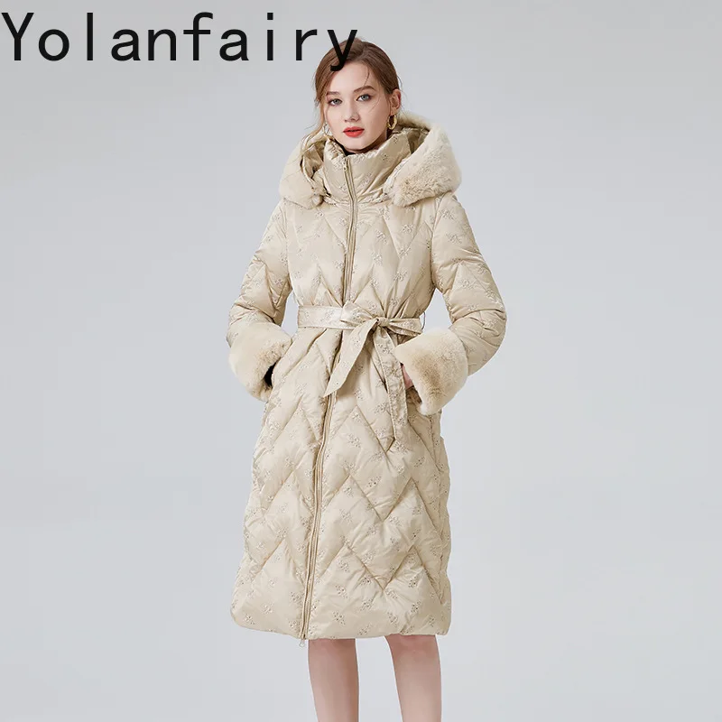 Yolanfairy longo puffer jaqueta para mulher inverno elegante rendas com capuz pão pato branco para baixo casacos mulher gola de pele de coelho parka