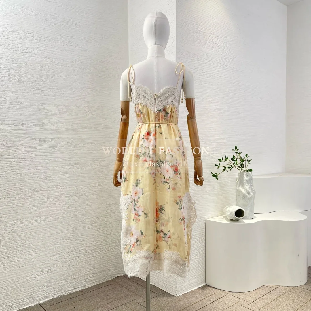 린넨 2025 고품질 노란색 플로럴 프린트 민소매 레이스 패치워크 백리스 미디 드레스