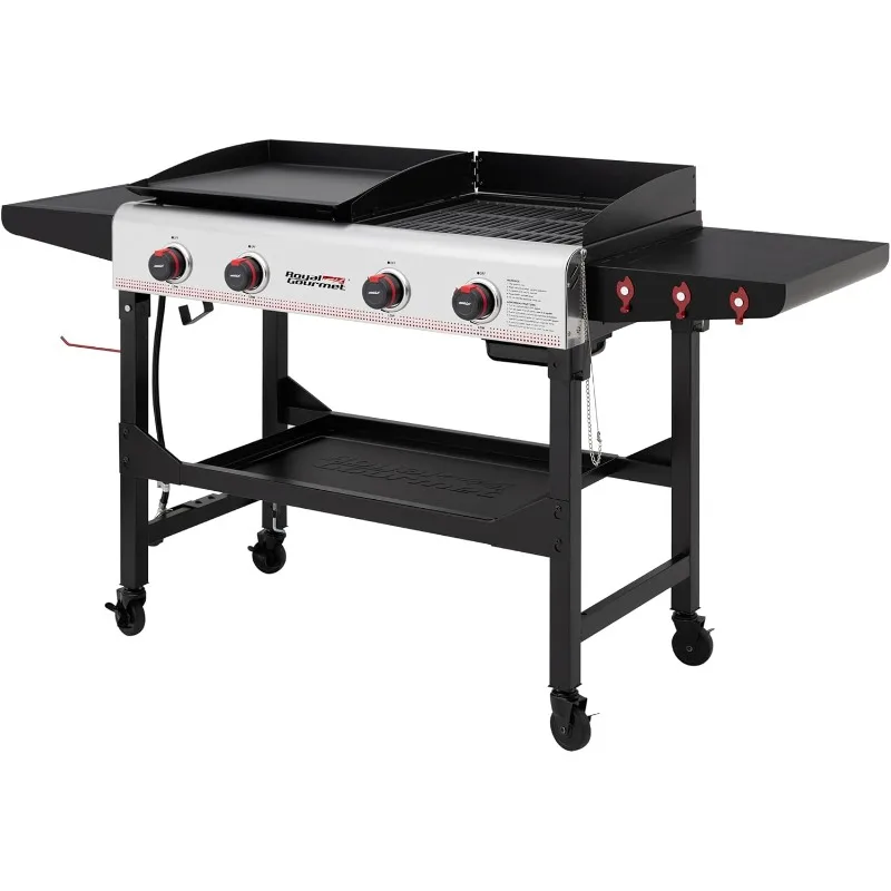 

4-Burner Propane Gas Grill and Griddle Combo with Folding Legs, for Outdoor Cooking While Camping or Tailgating, Black & Silver