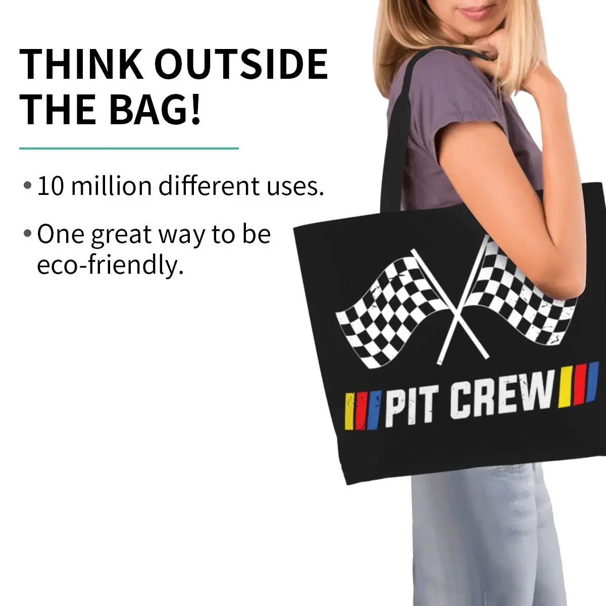 Reusable Race Car Pit Crew Checkered Flag Shopping Bag Women Canvas Shoulder Tote Bag Durable Racing Sport Grocery Shopper Bags