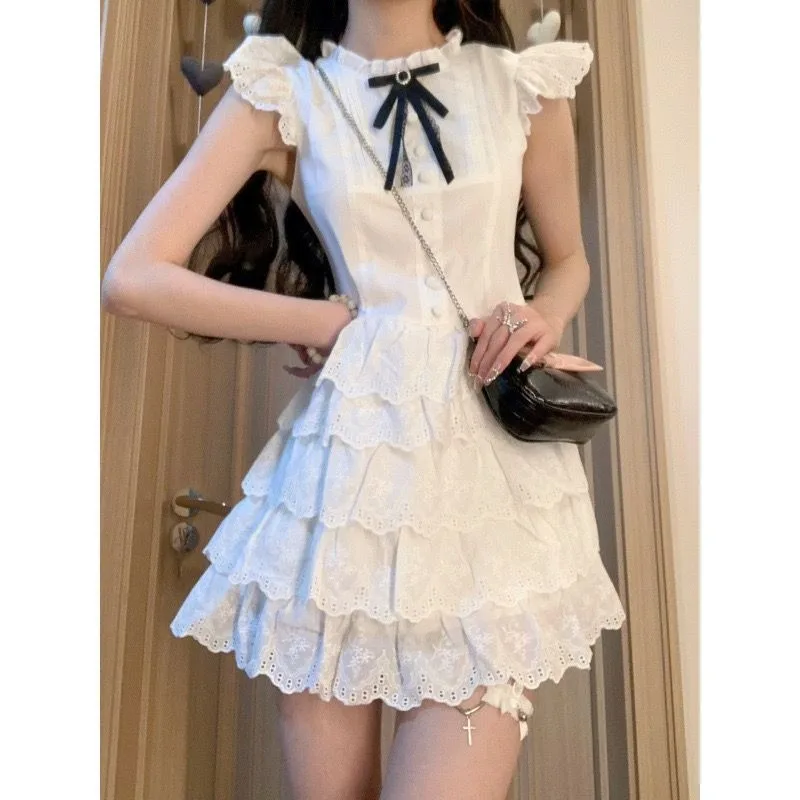 

Sweet Korean Lace Splice Cake Dress Women Flying Sleeves Ruffled Edges College Solid Slim Gentle Summer Princess Chic Girl Wear