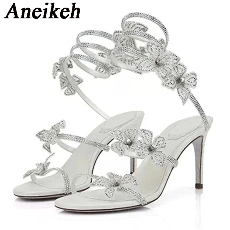 Aneikeh Street Style Silvery CRYSTAL Flower Narrow Band Ankle Strap Sandals Woman Thin High Heels Pole Dancing Party Ladies Shoe