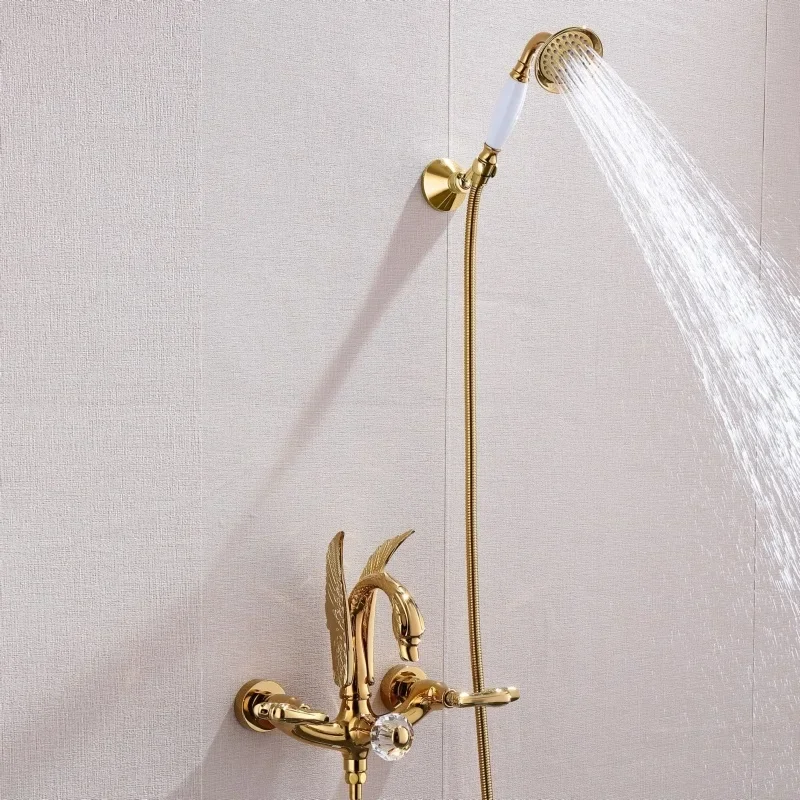 Golden Wall Bathtub Shower Faucet Set Swan Design Shower Mixer Luxury Mixer Taps Gold Plated Cold and Hot Water Shower Bathroom