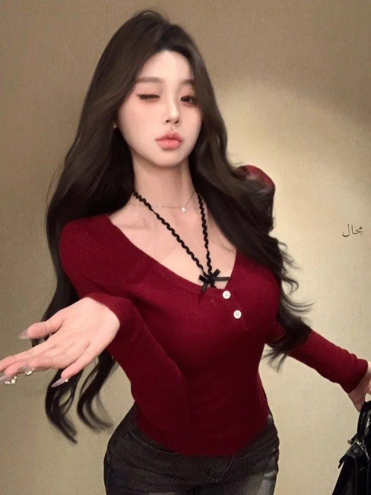 

American Style Long Sleeve T-Shirt Women's Autumn Winter Christmas Red Half Open Collar Base Shirt Slimming Trendy Top