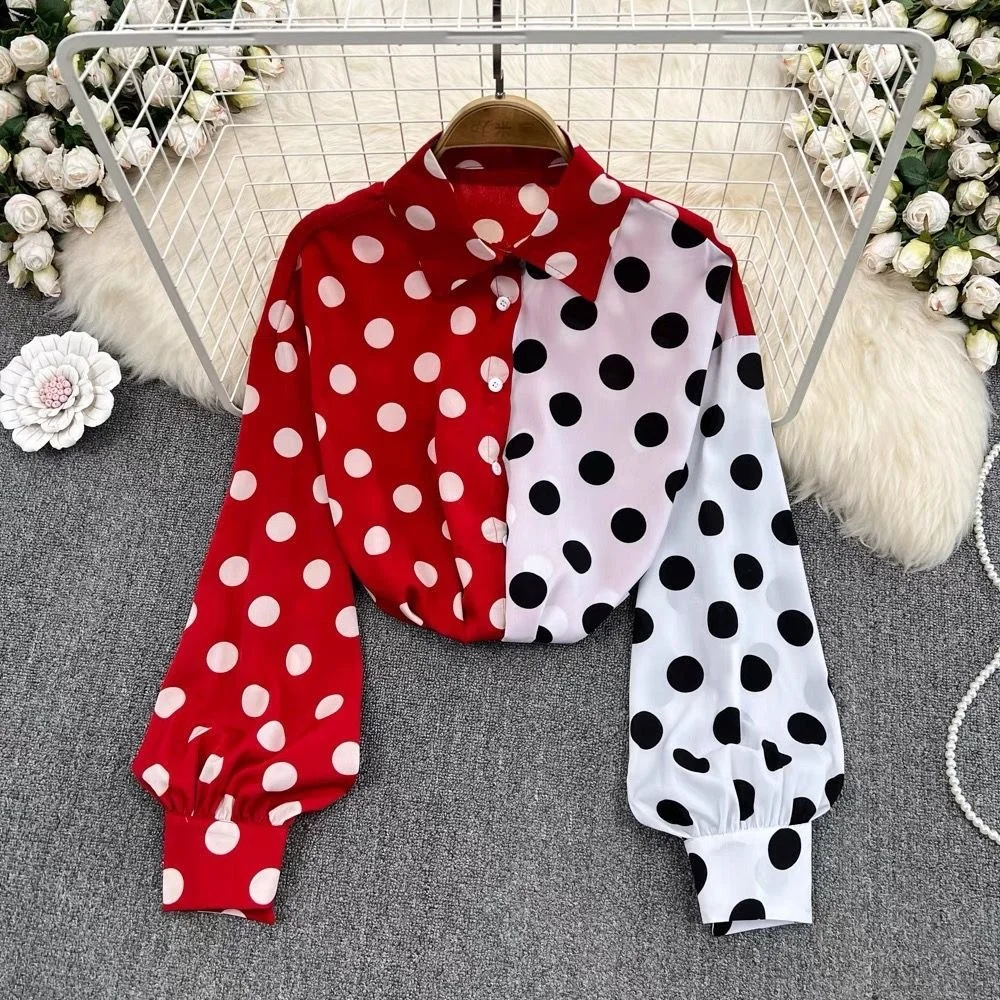 Retro Lantern Sleeve Polka Dot Loose Fit Long Sleeve Women's Shirt Fashionable Lazy Style Hong Kong Flavor Top for Autumn 2026
