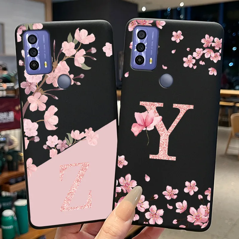 Funda negra para TCL 20B (6159K)/TCL 20E/TCL 20Y/6125F, carcasa de teléfono con letras iniciales de flores, funda protectora trasera de silicona suave