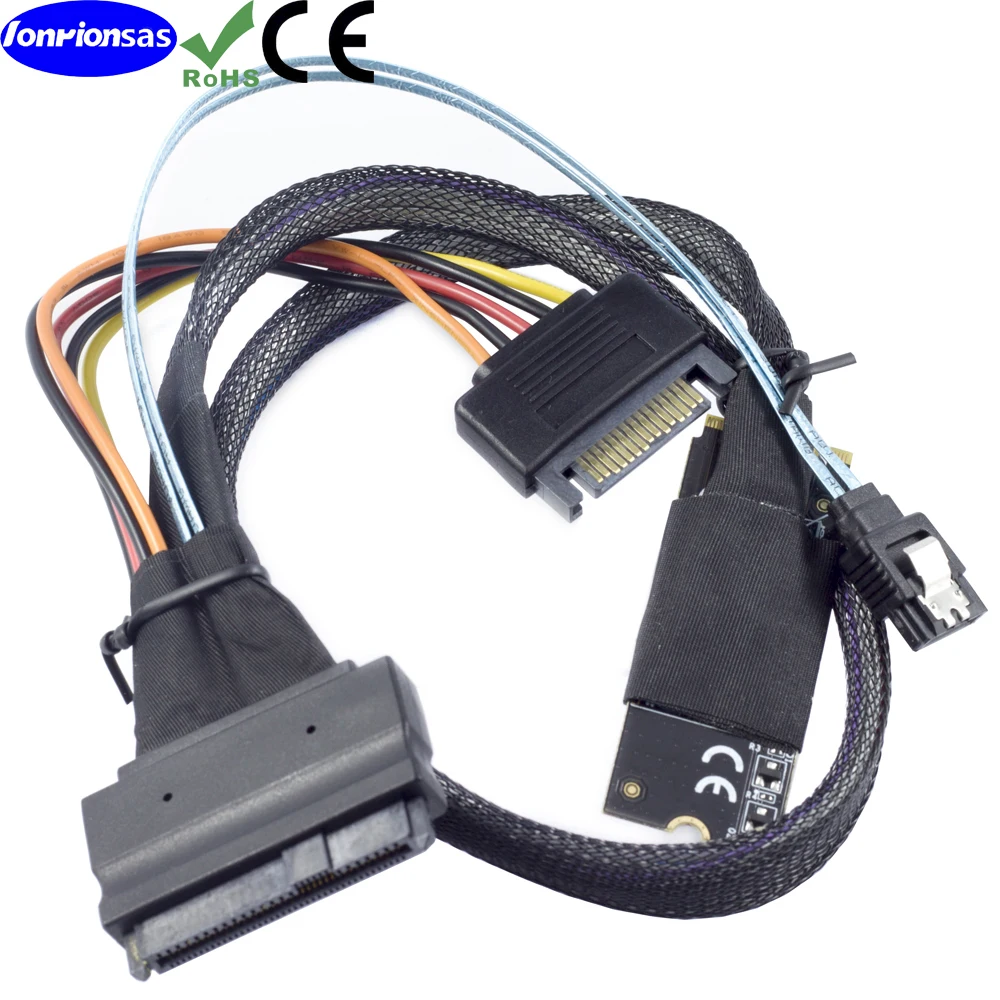 Плата M.2(M-Key) PCB до 2,55 NVMe U.2 SFF-8639 SDD с SATA 15P male и 7P SATA female cable