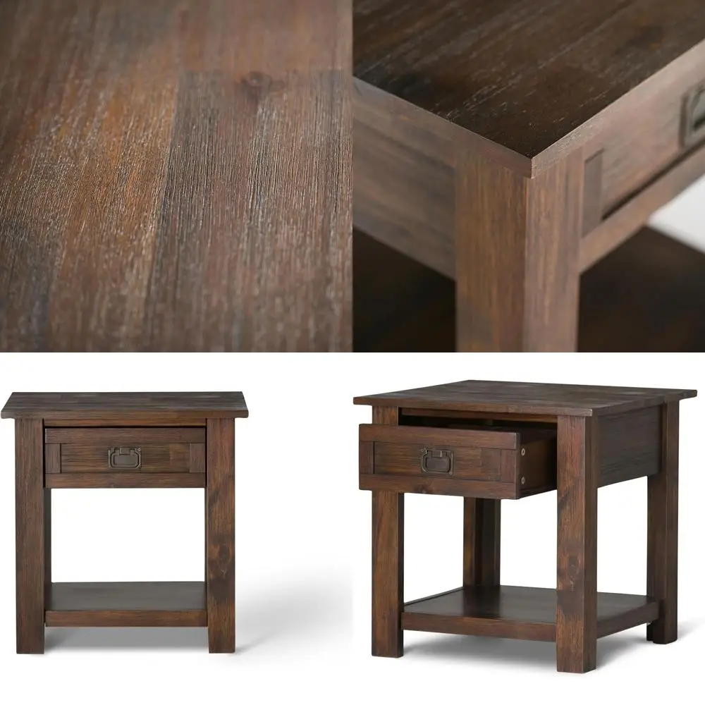 22 Wide Acacia Wood Side Table in Distressed Charcoal Brown, Rustic Accent for Living Room or Bedroom with Drawer and Shelf