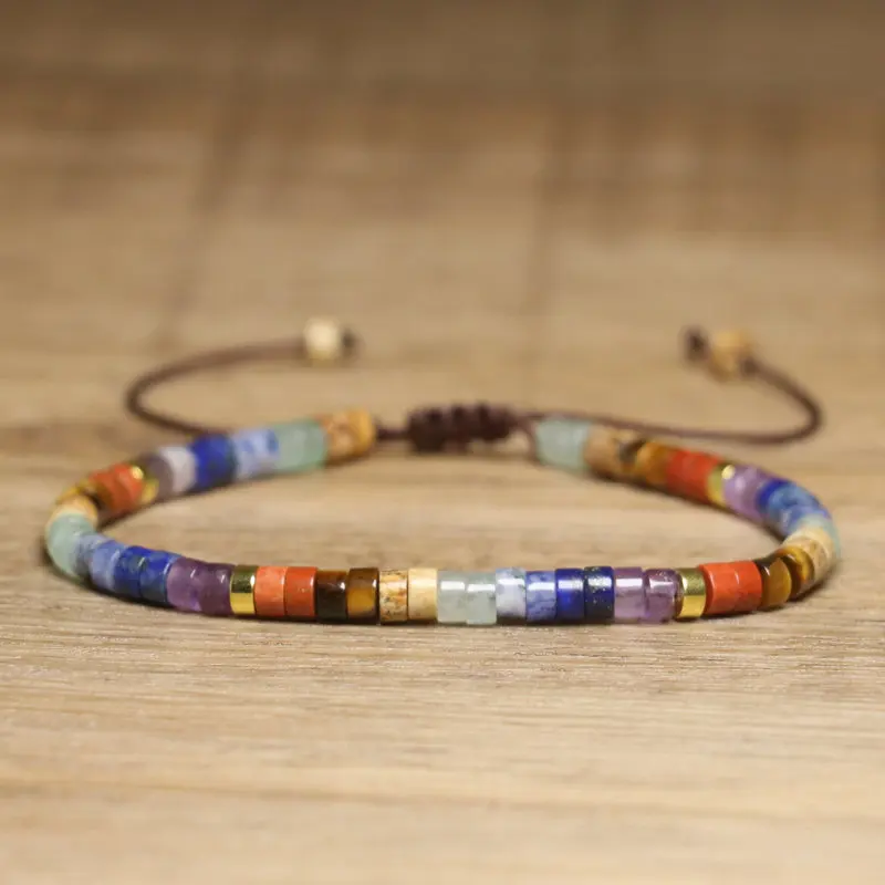 Meditationsstein-Armband für Damen, Modeschmuck, handgefertigt, geflochten, natürlich, 2 x 4 mm, zierliches Chakra-Armband im böhmischen Stil