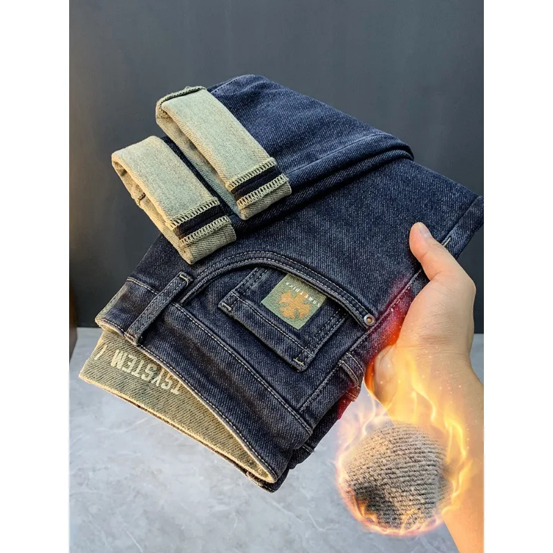 Winter New Thin Fleece High Quality Thick Jeans Men'S Stretch Straight Slim Comfortable Men'S Pants Fashion Brand Denim Long Pan