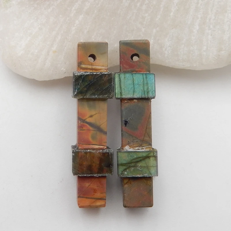 

Natural Gemstone,Labradorite，Multi-Color Picasso Jasper Intarsia fashion woman Earrings Beads 32x8mm7.7g