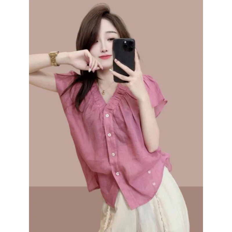 Women Summer Korean Fashion Loose Solid Color V-neck Short Sleeve Shirts Women Clothes Office Lady All-match Temperament Tops