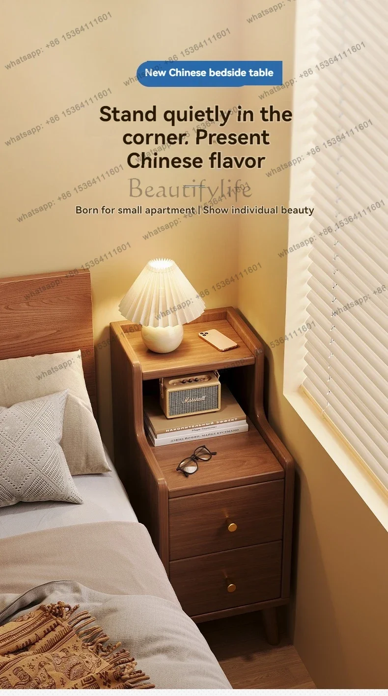 YJ Bedside cabinet, household small bedroom storage, narrow cabinet, mini storage shelf, solid wood color, multi-purpose stor