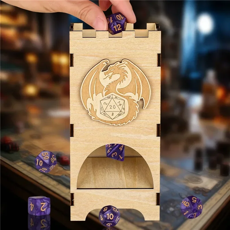Portable Dice Tower Fantasy Wooden Flying Dragon Dice Tray Role Play Game Box for Tabletop Games Accessory RPG Player Gift